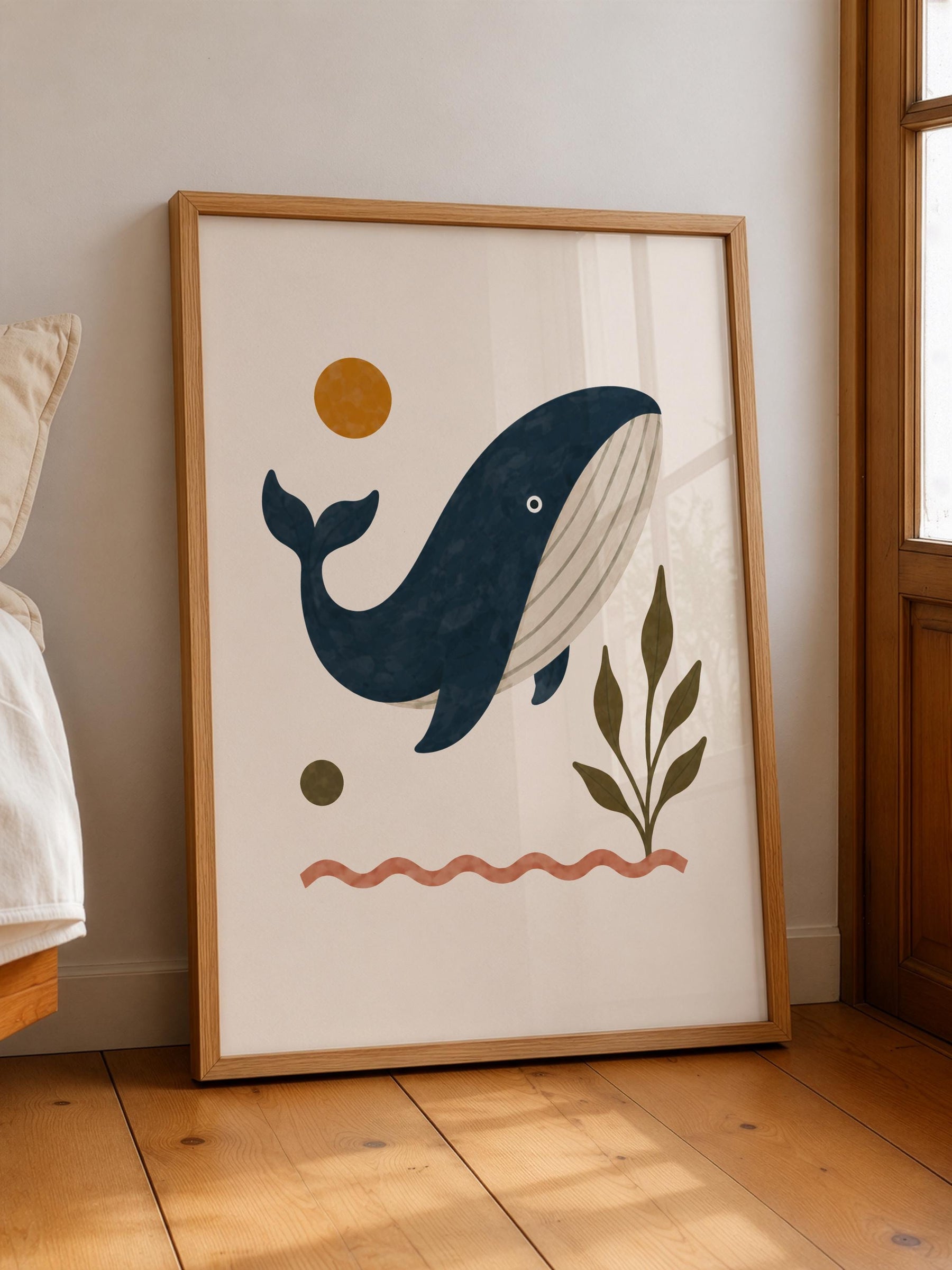 Personalised Whale Nursery Print | Ocean Animal Illustrated Wall Art | Framed or Unframed