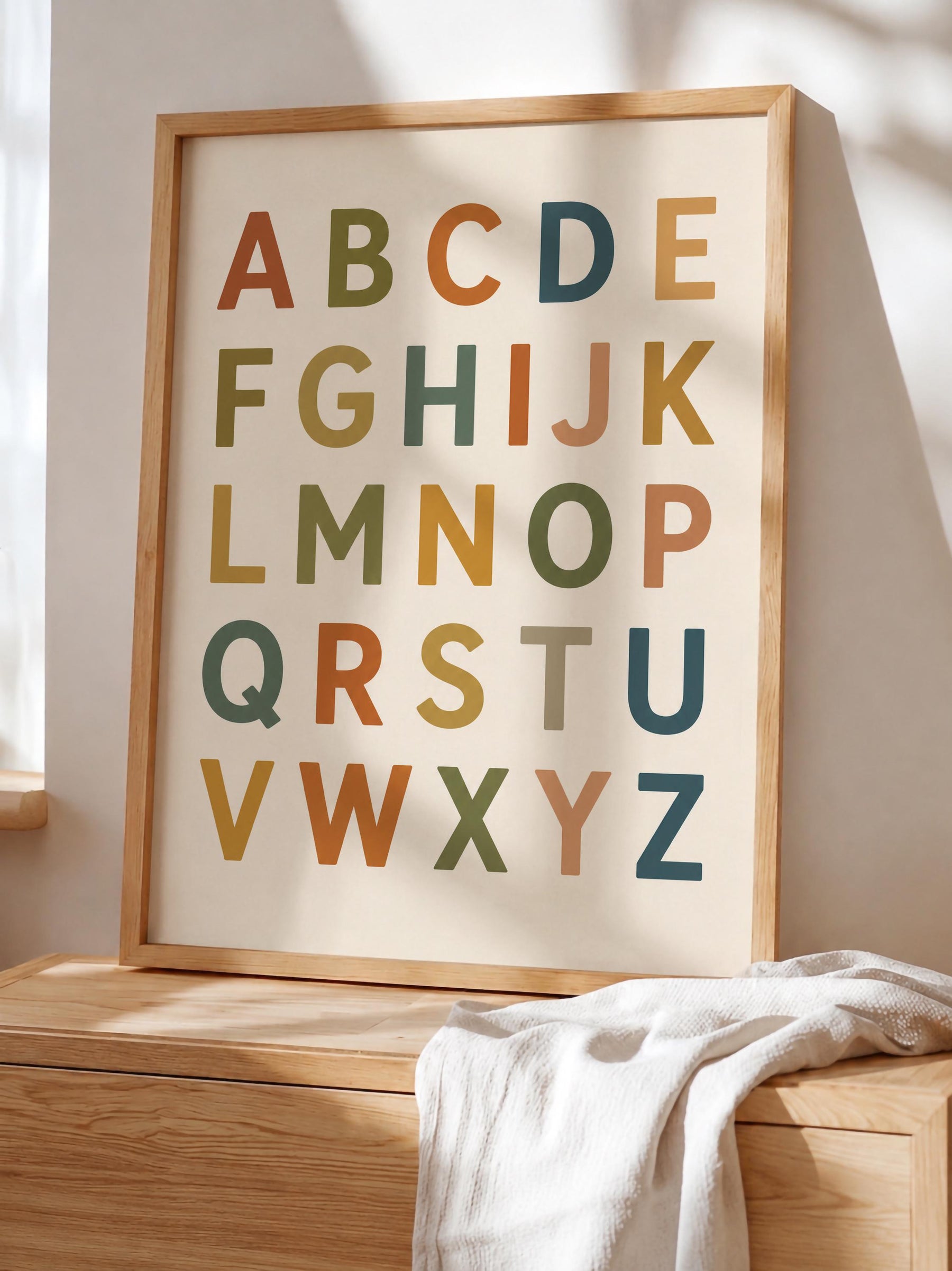 Colourful Alphabet Print | Modern ABC Nursery Decor, Educational Kids Wall Art | Framed or Unframed