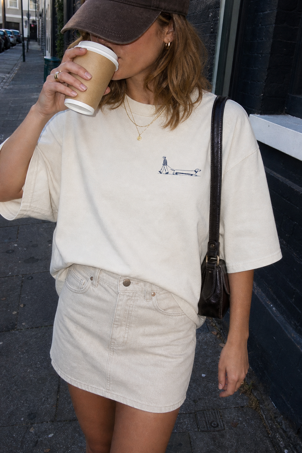 Long Walks Natural Raw oversized T-shirt, small navy dachshund chest print