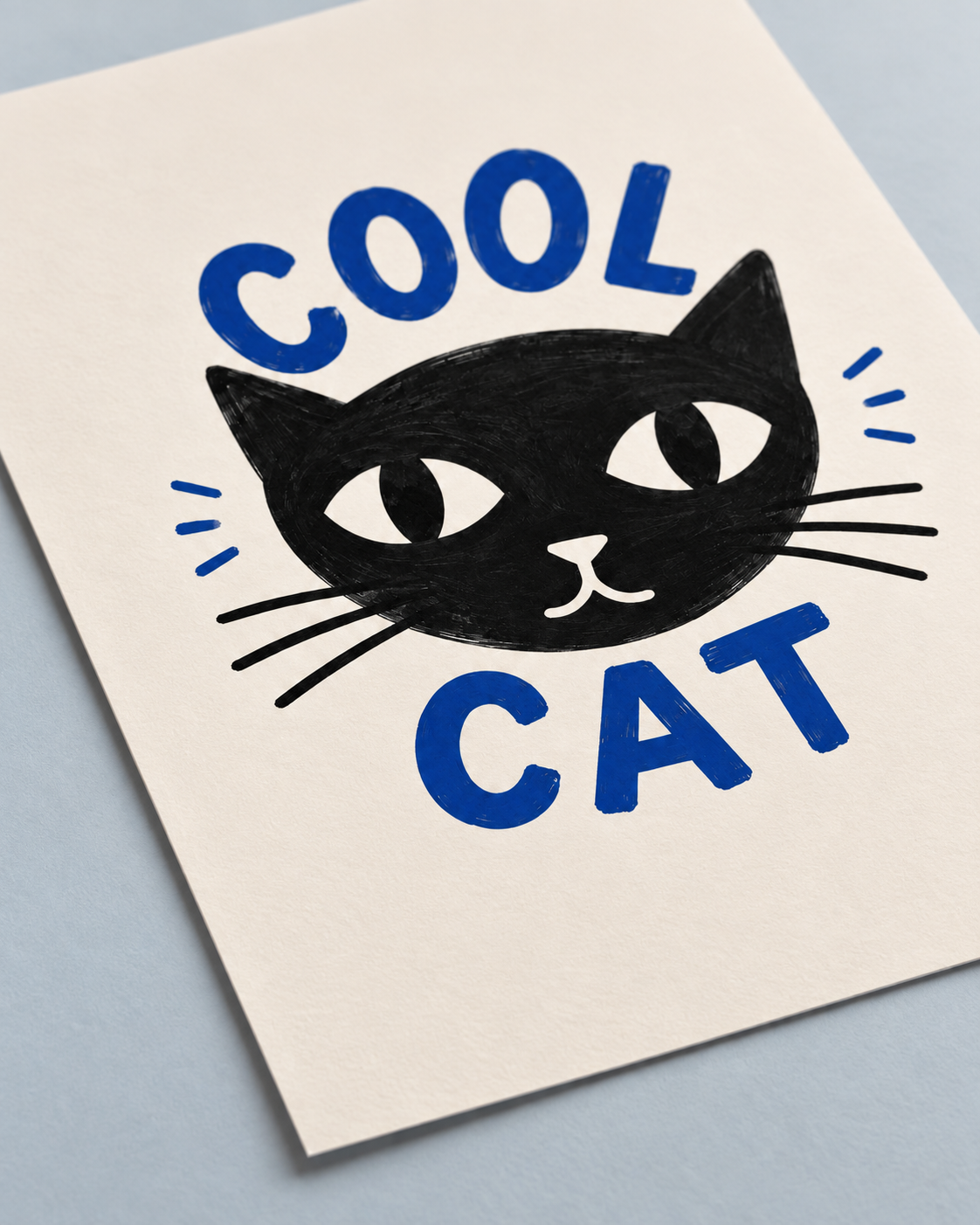 A square art print featuring a black cat face with the words 'COOL CAT' in bold blue lettering, shown on a light gray background.