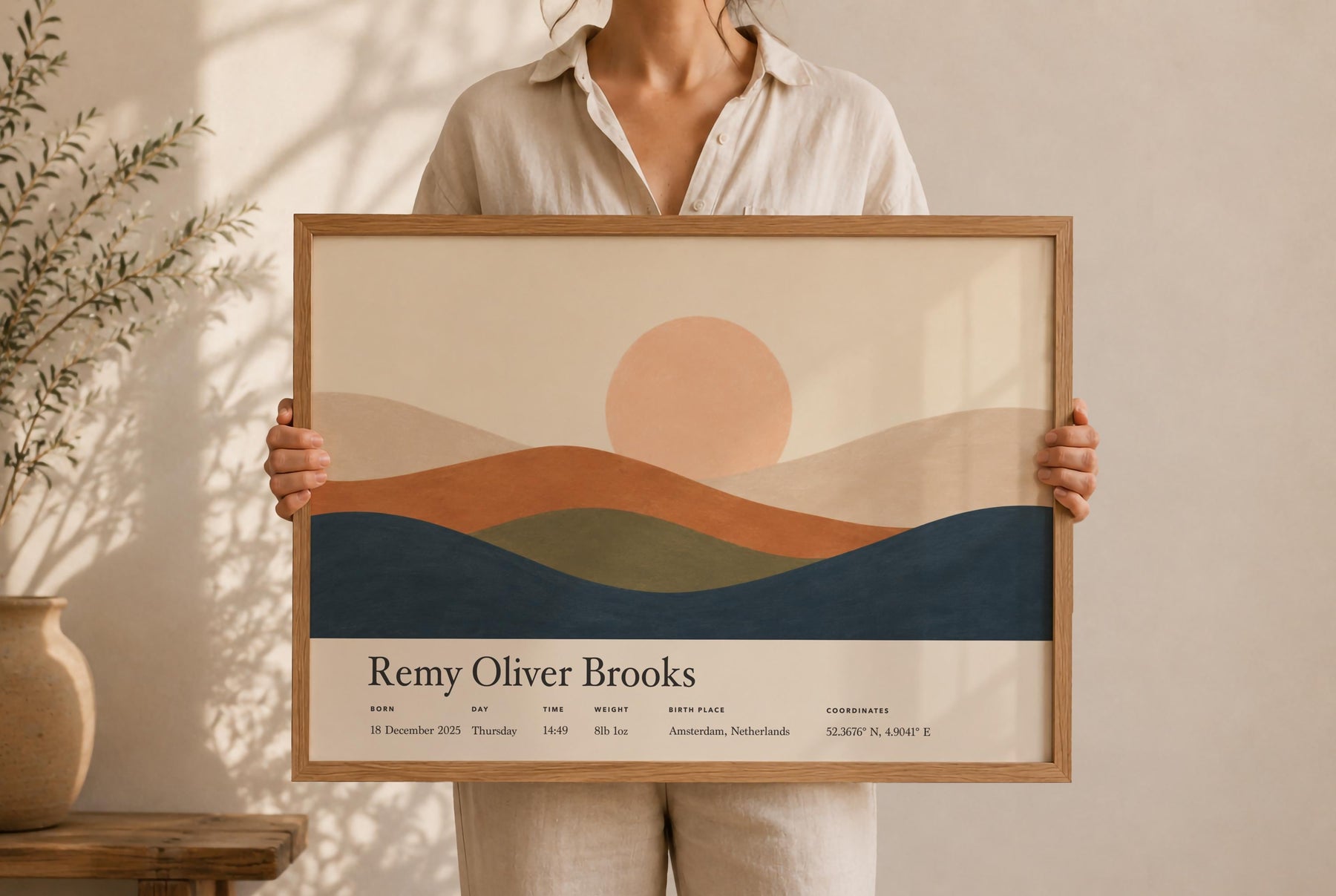 Personalised Birth Story Landscape Print | Rolling Hills Sunrise Nursery Art | Framed or Unframed