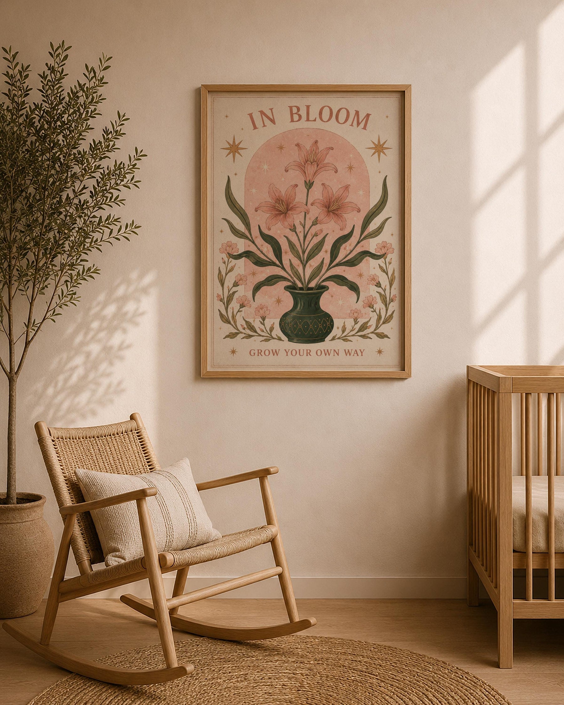 In Bloom Print | Inspirational Floral Nursery Wall Art, Celestial Folk Art, Framed or Unframed
