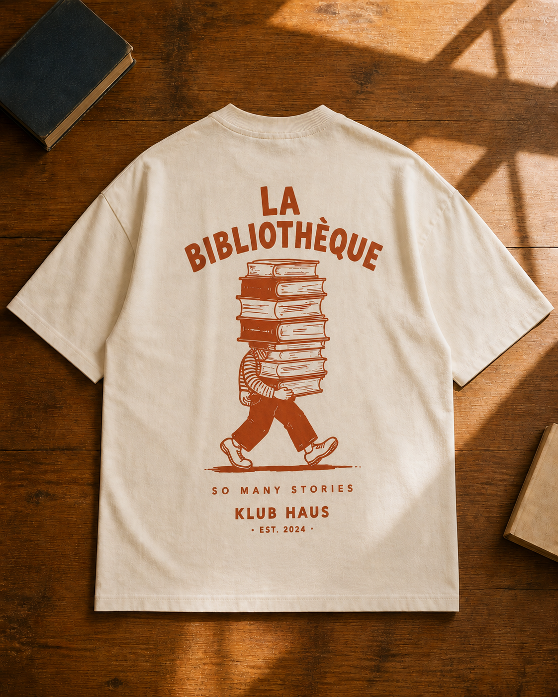 La Bibliothèque Natural Raw oversized T-shirt, full garment view of the rust back artwork