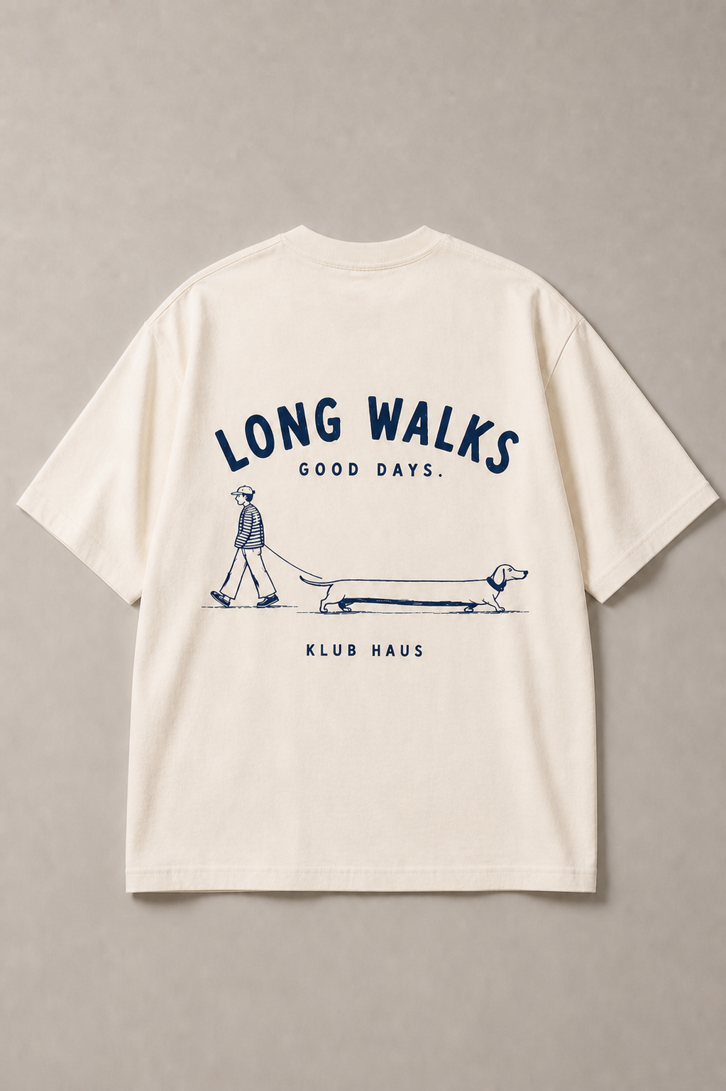 Long Walks organic cotton T-shirt laid flat, full navy illustrated back print