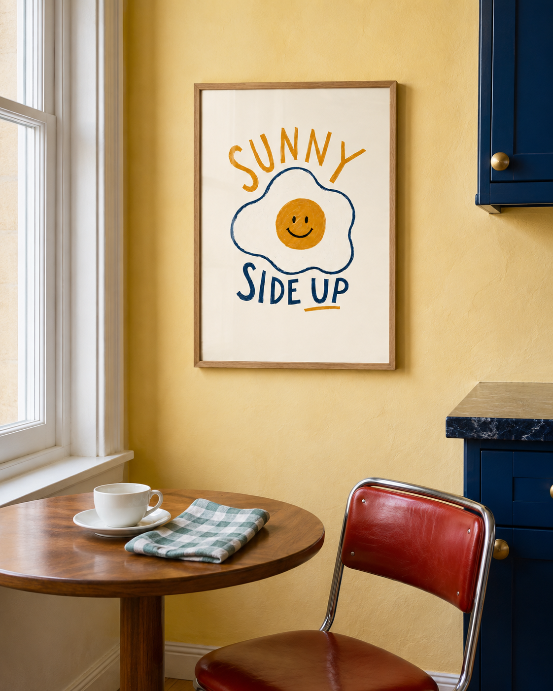 A framed wall art print with the phrase 'SUNNY SIDE UP' and a smiling fried egg illustration hangs on a yellow wall in a kitchen setting, with a small table, cup, and red chair nearby.