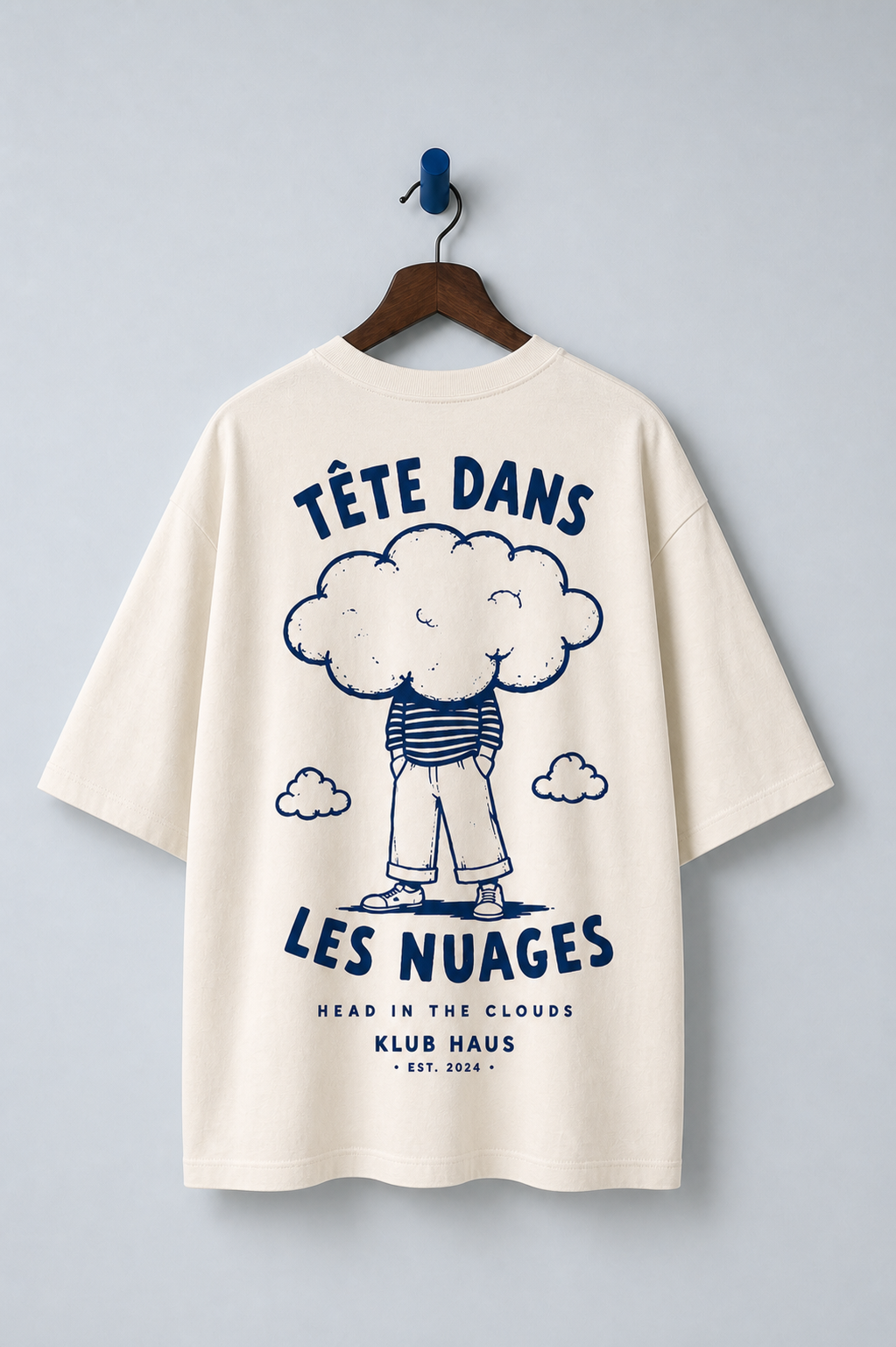 Tête dans les Nuages Natural Raw oversized T-shirt, full garment view of the navy back artwork