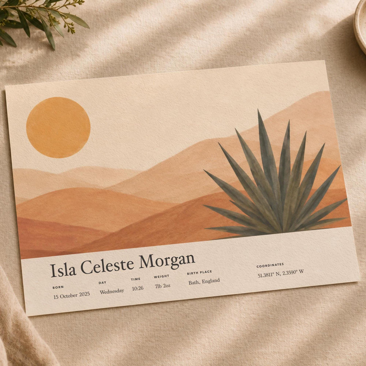 Personalised Birth Story Print | Agave Desert Landscape Nursery Art | Framed or Unframed