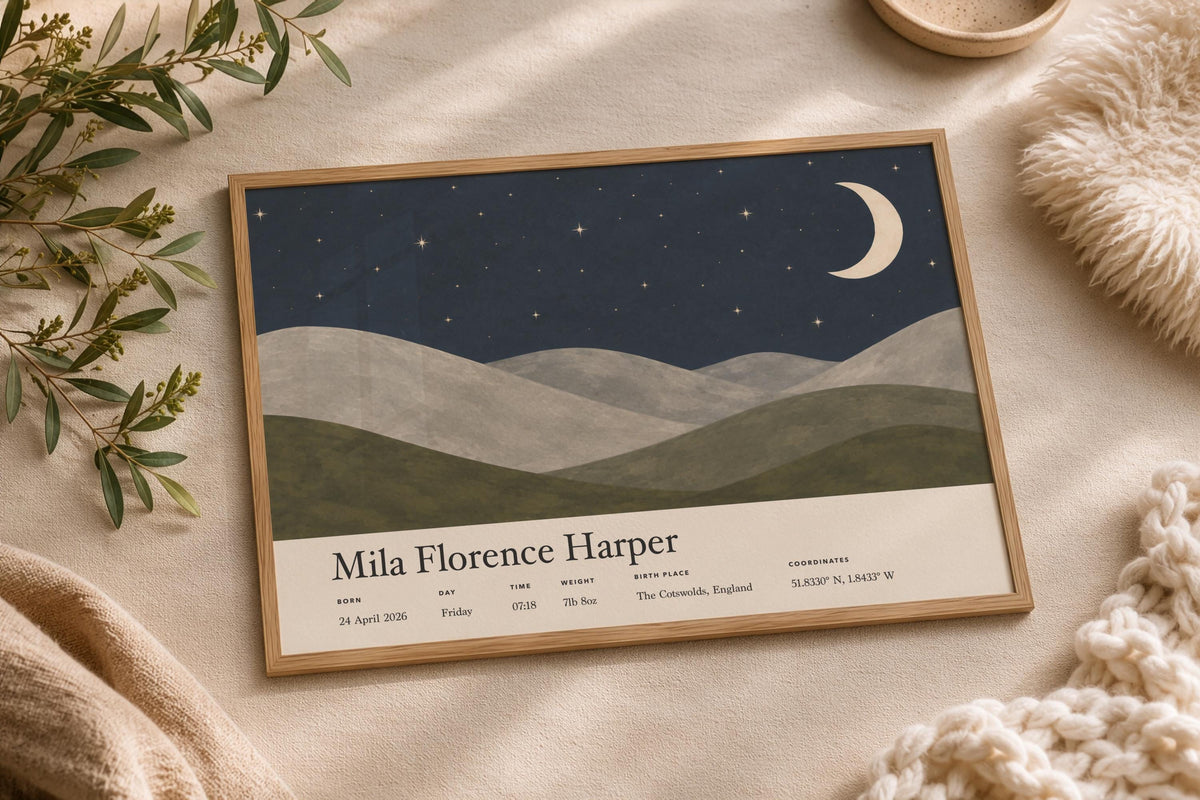 Personalised Birth Story Print | Moon Stars Nursery Wall Art | Framed or Unframed