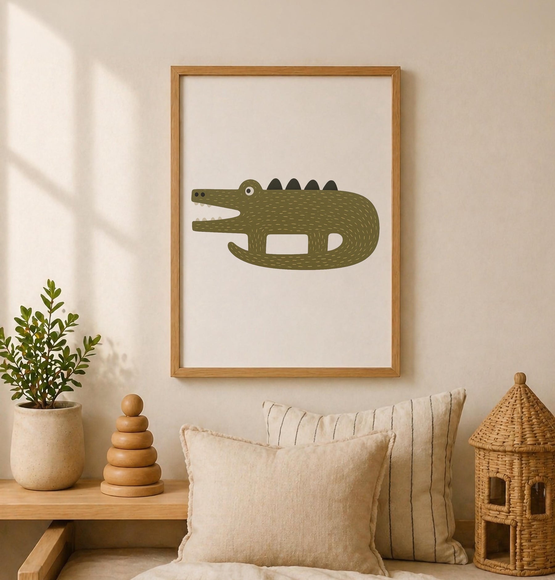 Hand-Painted Crocodile Print | Scandinavian Animal Art, Neutral Nursery Decor | Framed or Unframed