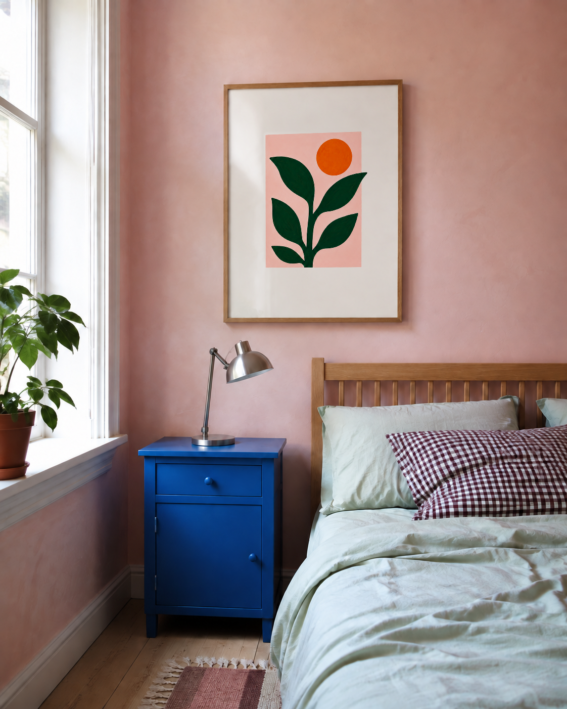 A styled bedroom corner featuring a pink wall with a framed botanical art print, a bright blue nightstand, a silver desk lamp, and a bed with light green bedding and a purple gingham pillow.