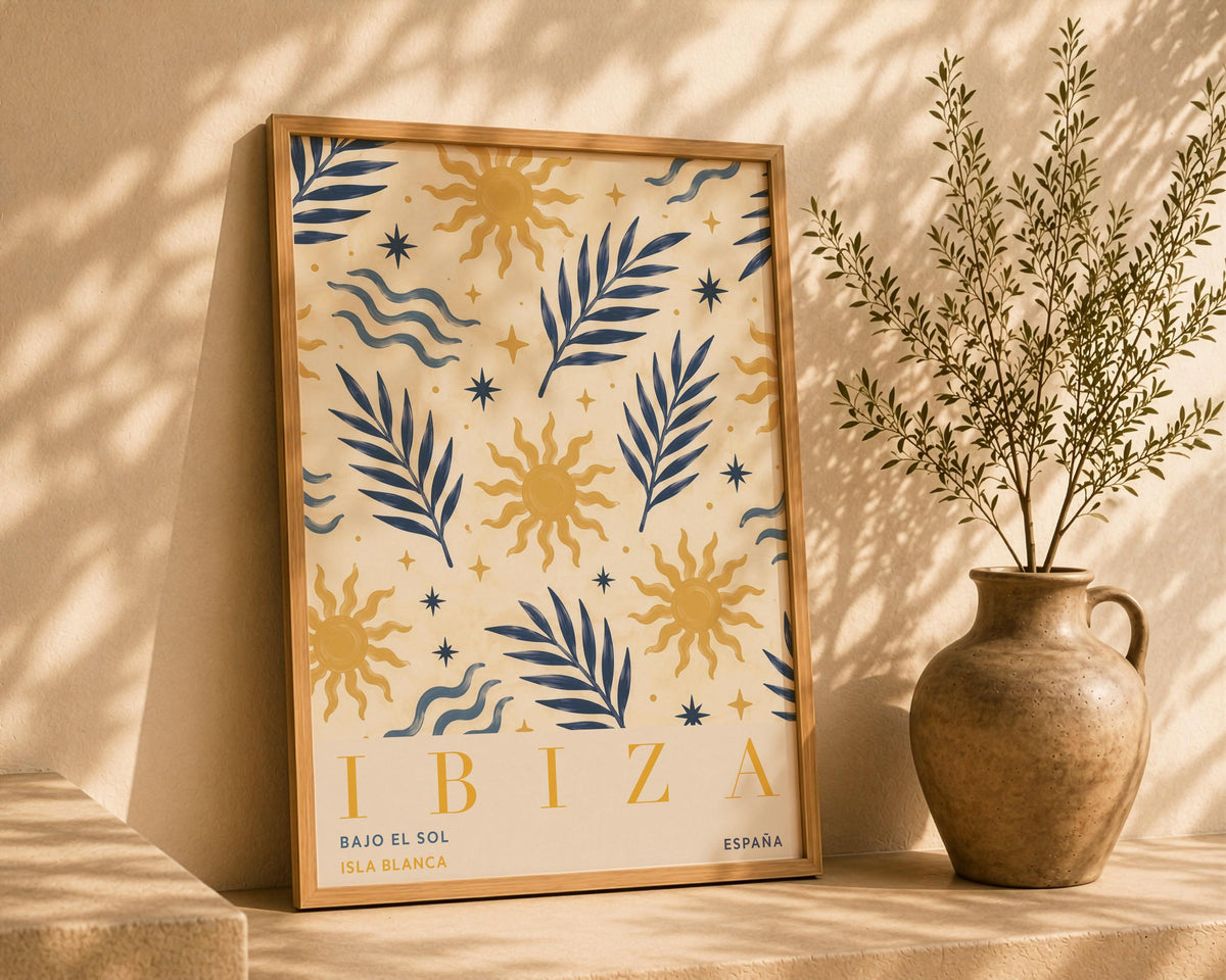 Ibiza Sun Palm Print | Hand-Painted Mediterranean Coastal Wall Art | Framed or Unframed