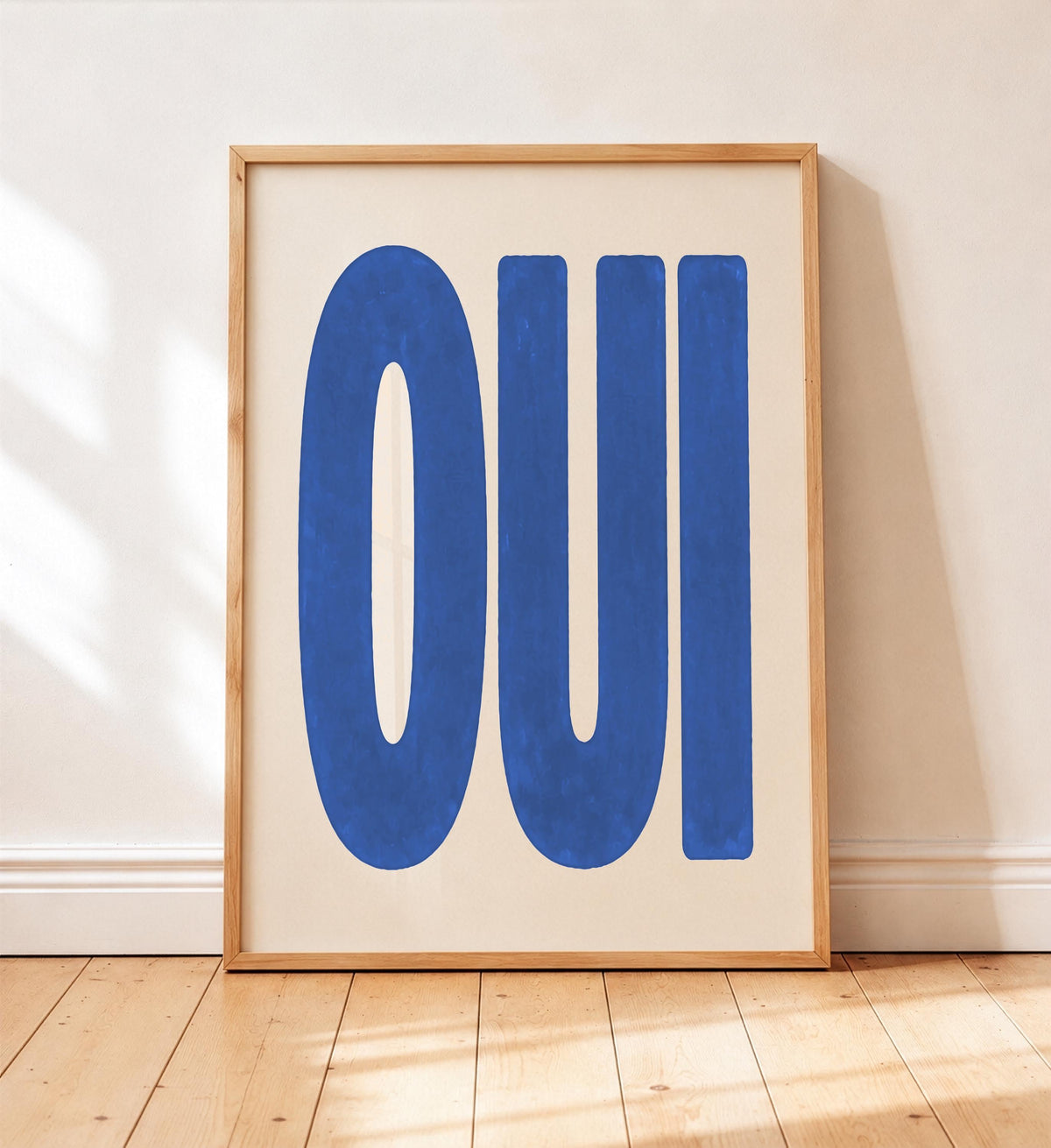 Oui Print | French Typography Wall Art, Hand-Painted Cobalt Blue Decor | Framed or Unframed