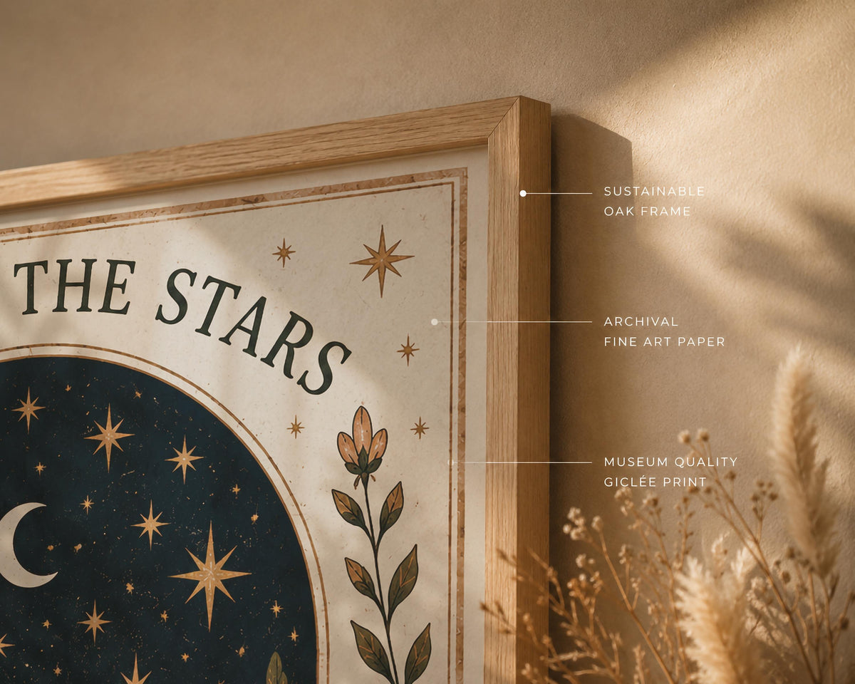 Follow The Stars Print | Celestial Moon Nursery Wall Art, Folk Landscape Illustration, Framed or Unframed