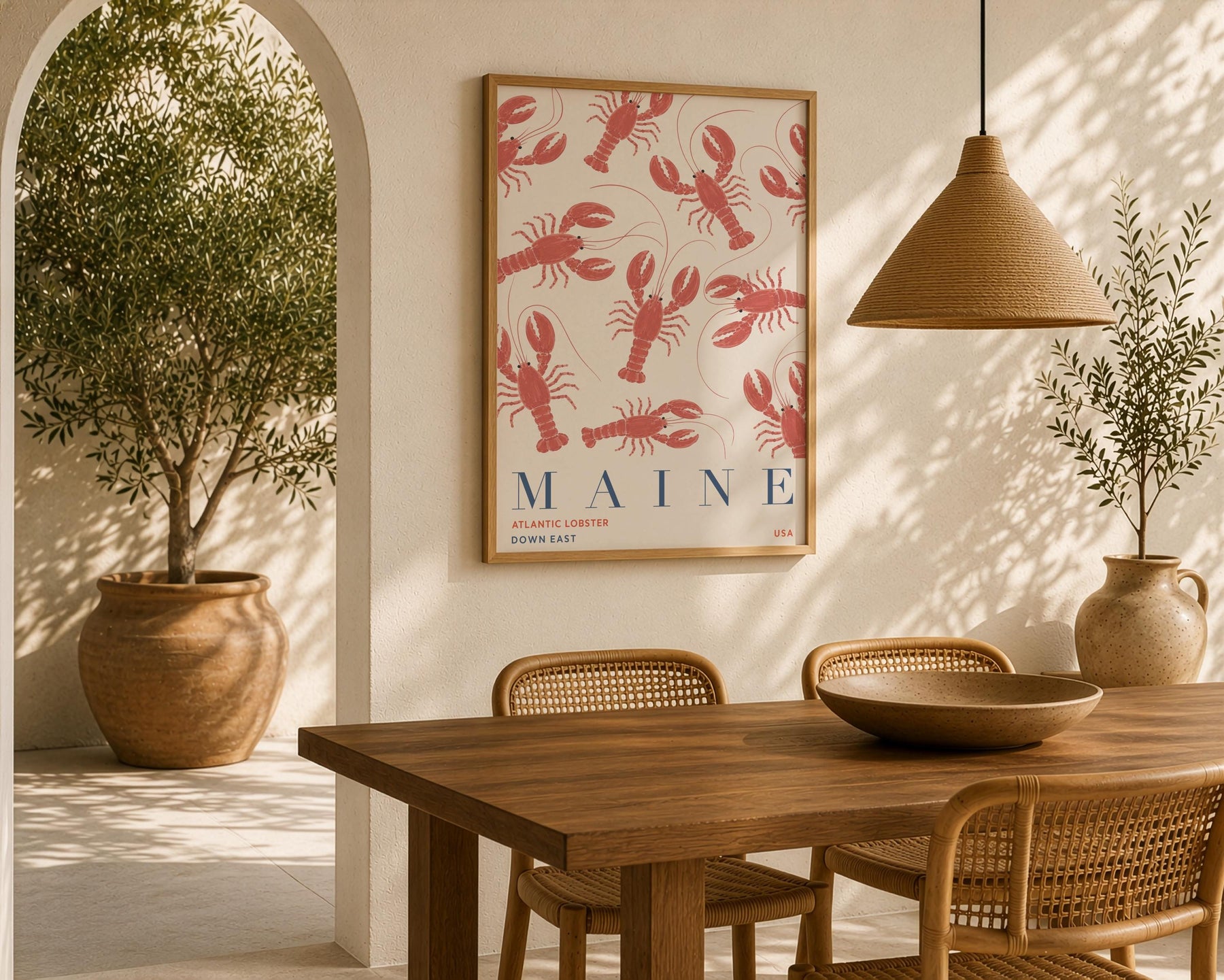 Maine Lobster Print | Coastal New England Travel Poster, Hand-Painted Nautical Art | Framed or Unframed