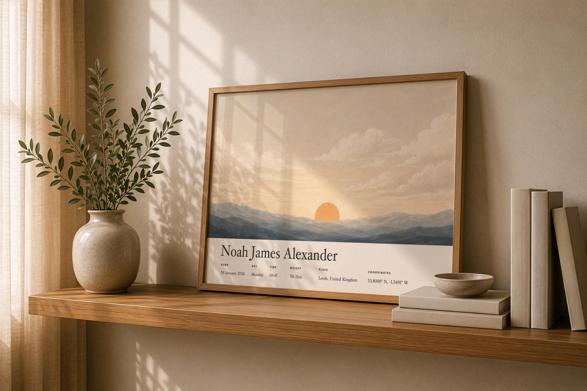 Personalised Birth Story Print | Sunrise Sunset Seascape Nursery Wall Art | Framed or Unframed