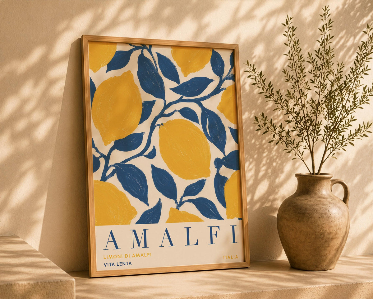 Amalfi Coast Lemon Print | Hand-Painted Italian Travel Poster Wall Art | Framed or Unframed