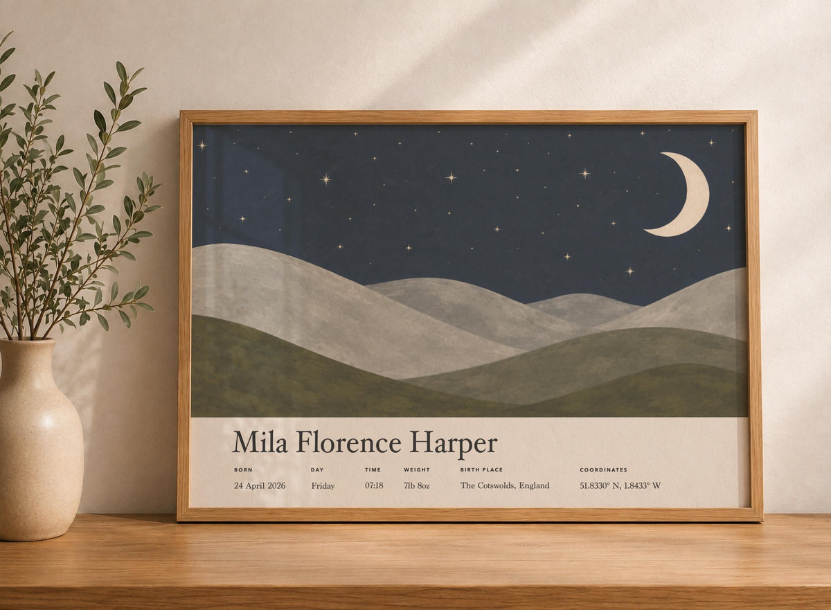 Personalised Birth Story Print | Moon Stars Nursery Wall Art | Framed or Unframed