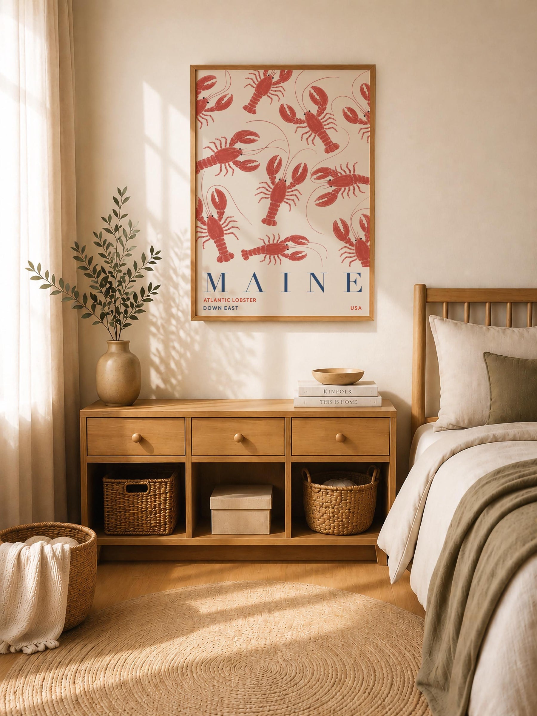 Maine Lobster Print | Coastal New England Travel Poster, Hand-Painted Nautical Art | Framed or Unframed