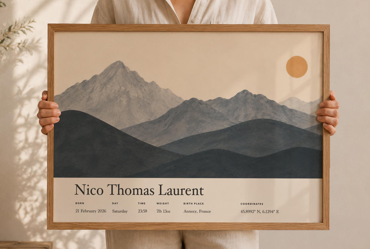 Personalised Birth Story Landscape Print | Mountain Nursery Wall Art | Framed or Unframed
