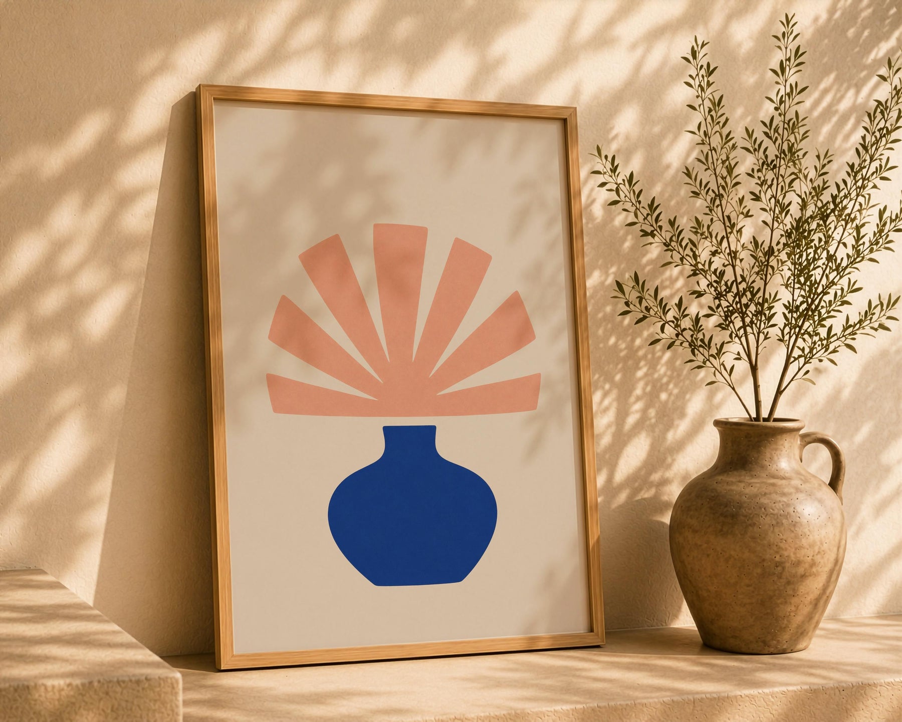 Bloom Abstract Blue Vase Botanical Print | Minimalist Mediterranean Wall Art | Framed or Unframed
