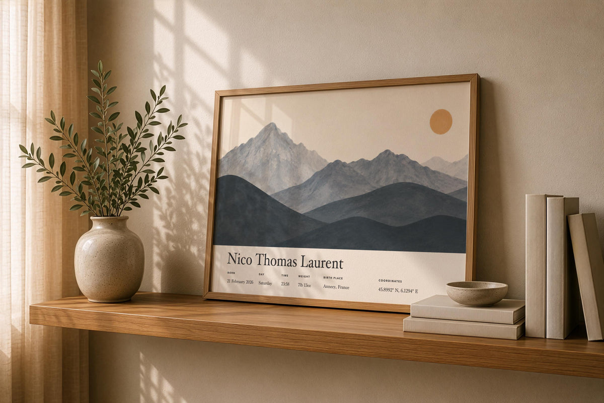 Personalised Birth Story Landscape Print | Mountain Nursery Wall Art | Framed or Unframed