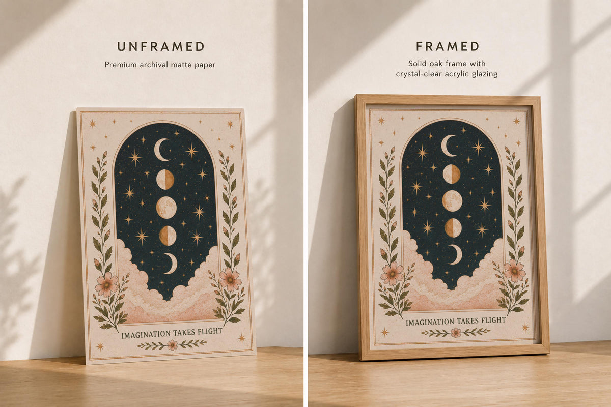 Imagination Takes Flight Celestial Moon Phases Print | Inspirational Folk Art Illustration | Framed or Unframed