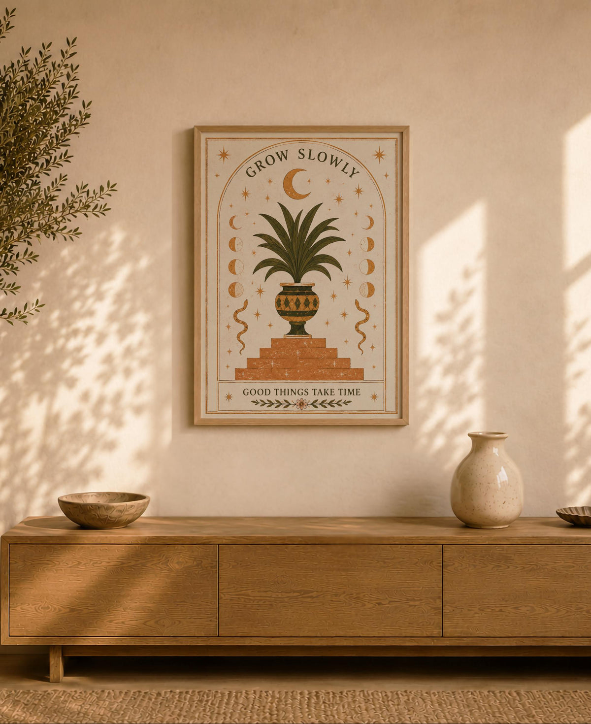 Grow Slowly Palm Tree Celestial Moon Phases Print | Inspirational Folk Art Botanical Nursery Wall Decor | Framed or Unframed
