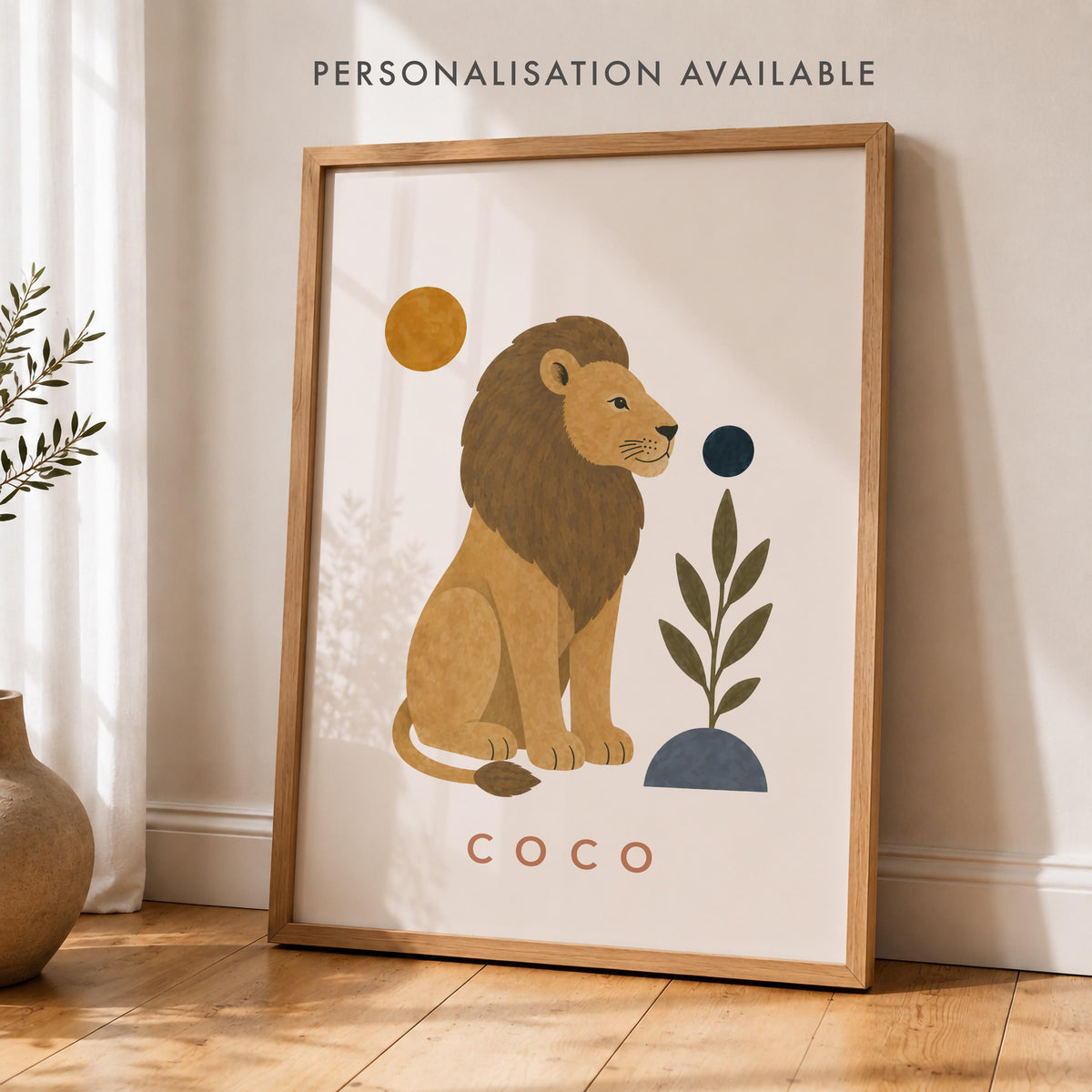 Personalised Lion Nursery Print | Modern Safari Animal Wall Art | Framed or Unframed