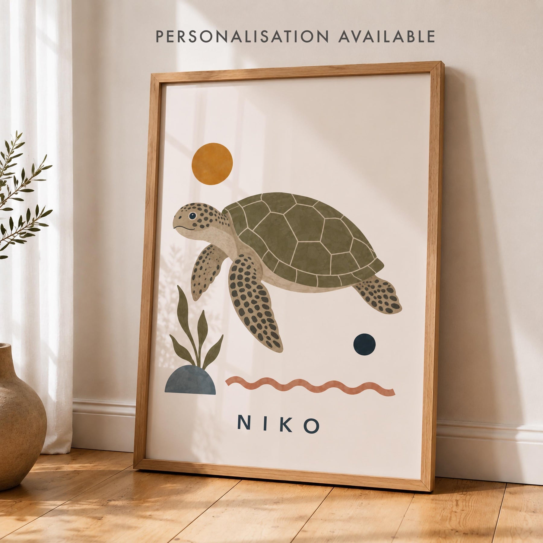 Personalised Sea Turtle Nursery Print | Modern Ocean Animal Wall Art | Framed or Unframed