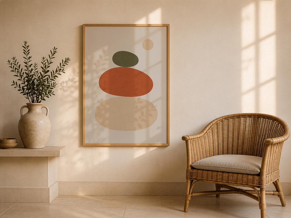 Balance Abstract Stacked Stones Print | Terracotta Olive Minimalist Wall Art | Framed or Unframed