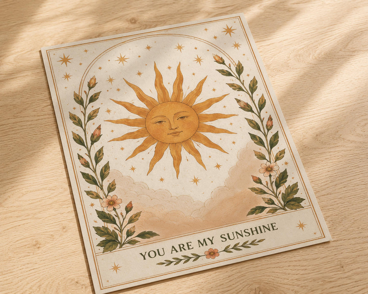 You Are My Sunshine Celestial Sun Print | Positive Message Folk Art Illustration, Botanical Wall Art | Framed or Unframed