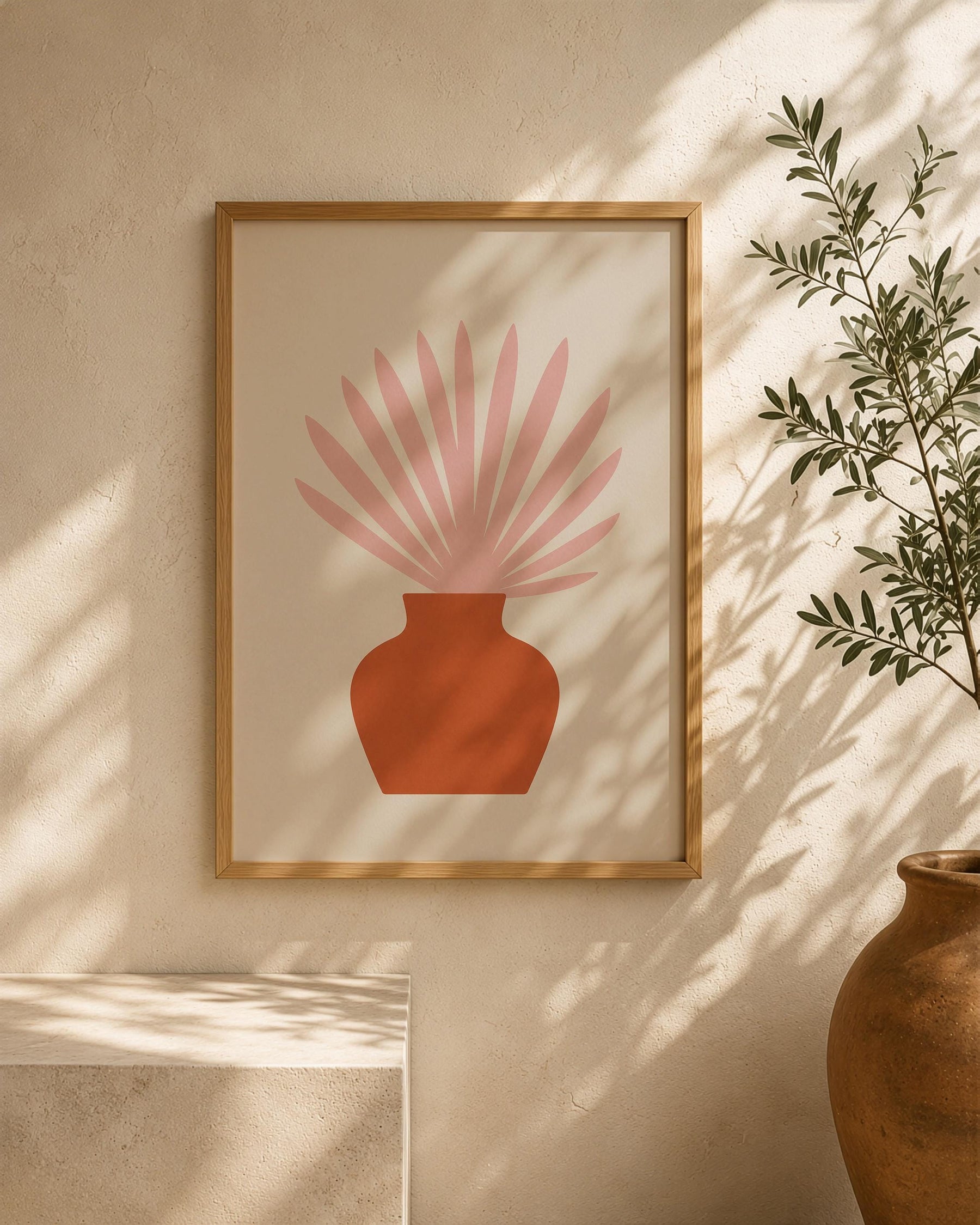 Botanical Vase Print | Ventaglio Pink Fan Palm, Mediterranean Wall Art | Framed or Unframed