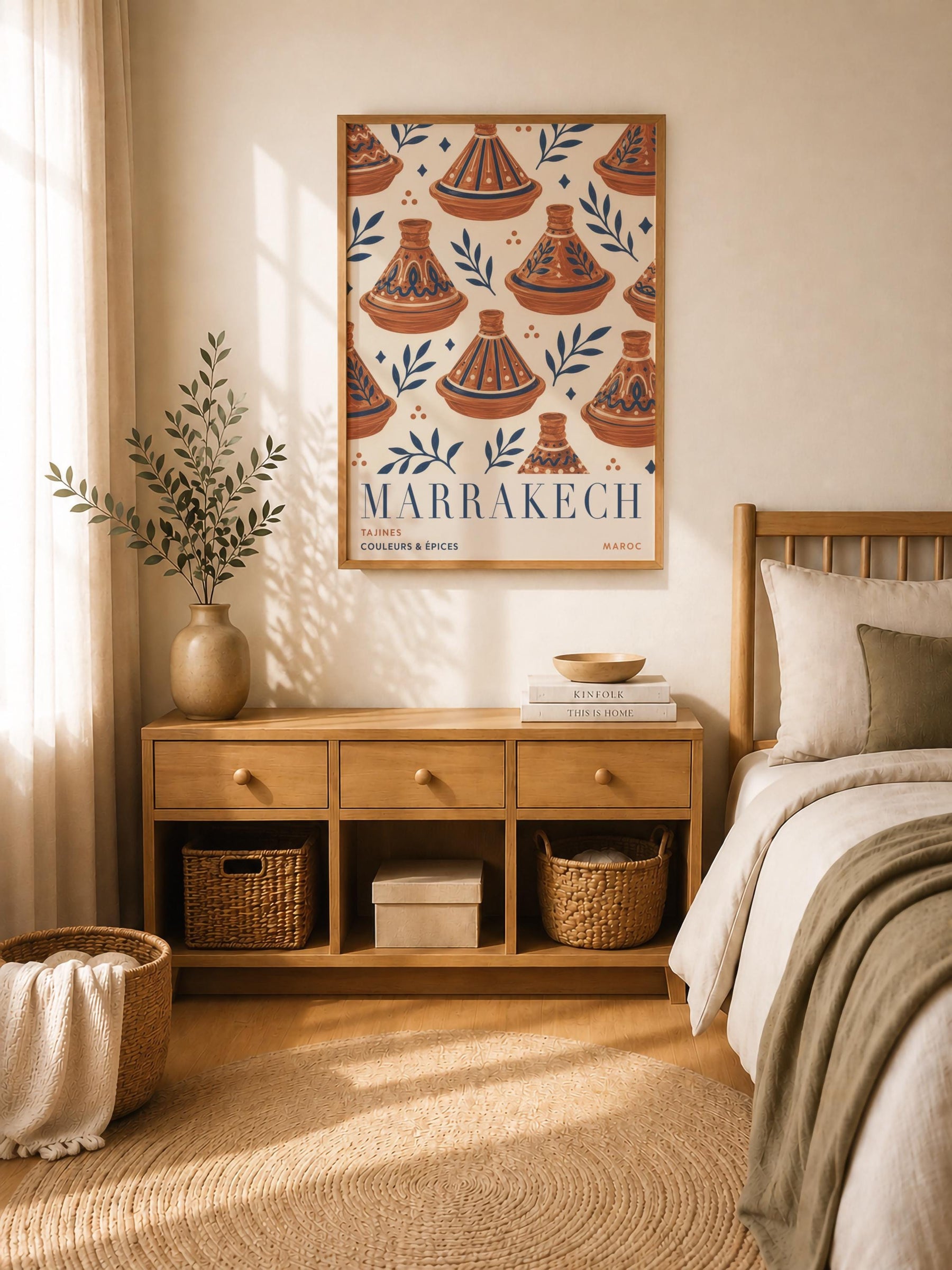 Marrakech Print | Hand-Painted Tagine Travel Poster, Moroccan Boho Kitchen Art | Framed or Unframed