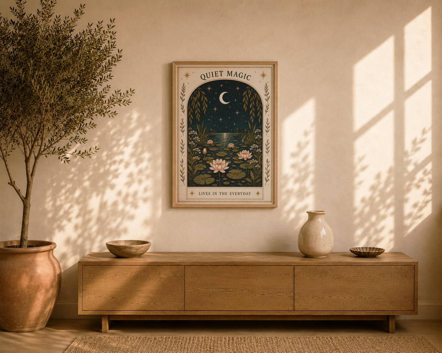 Quiet Magic Print | Celestial Nursery Wall Art, Botanical Folk Art Illustration, Framed or Unframed