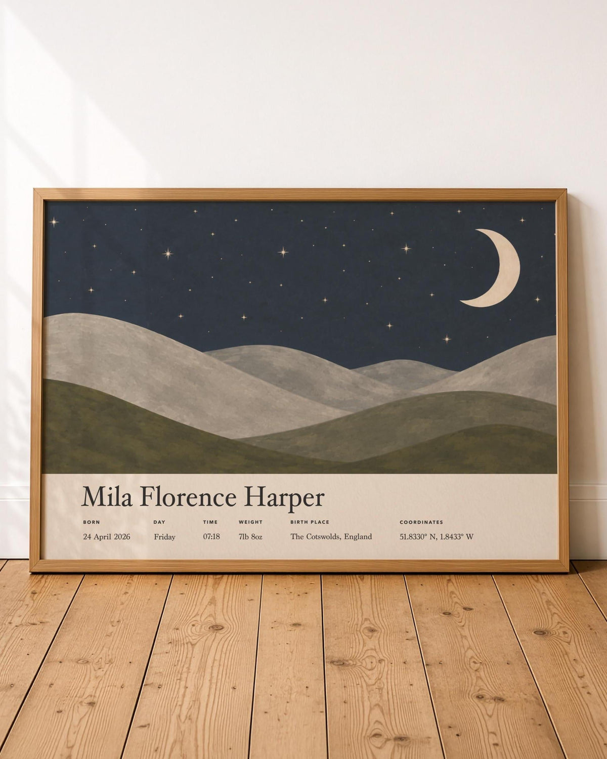 Personalised Birth Story Print | Moon Stars Nursery Wall Art | Framed or Unframed