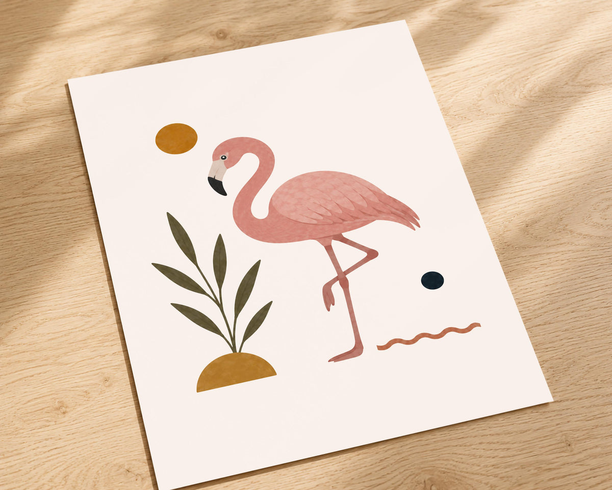 Personalised Flamingo Nursery Print, Modern Playroom Tropical Bird Wall Art, Framed or Unframed Poster