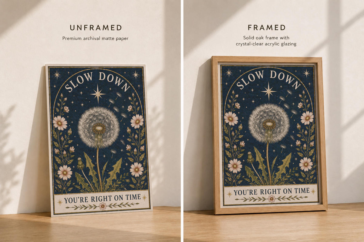 Slow Down Dandelion Folk Art Print | Celestial Wildflower Folk Art | Framed or Unframed