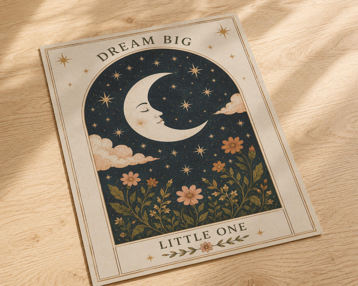 Dream Big Little One Celestial Moon Nursery Print | Folk Art Illustration Kids Room Wall Decor | Framed or Unframed