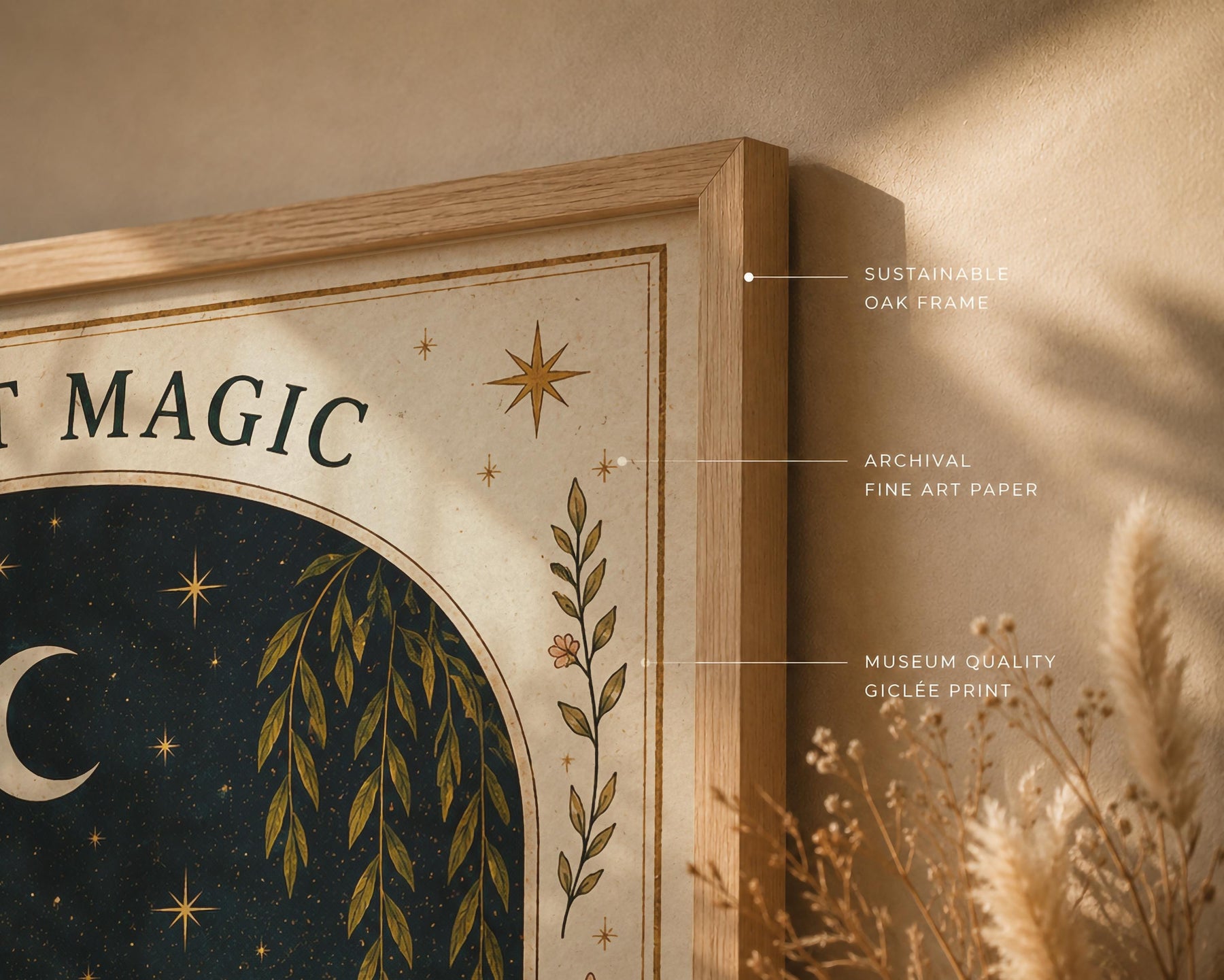 Quiet Magic Print | Celestial Nursery Wall Art, Botanical Folk Art Illustration, Framed or Unframed