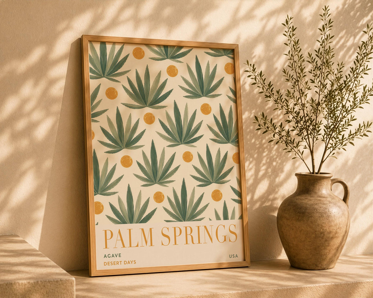Palm Springs Agave Print | Mid-Century Hand-Painted Desert Botanical Wall Art | Framed or Unframed