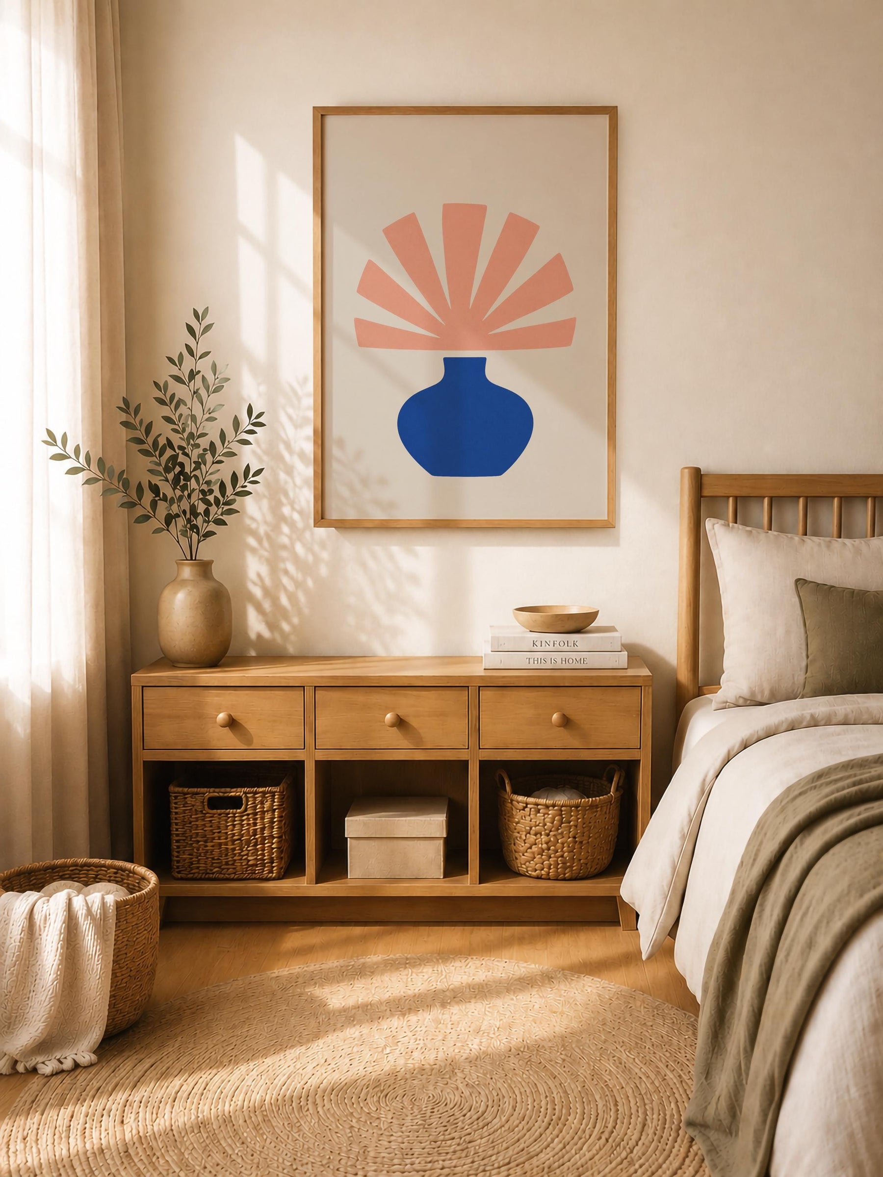 Bloom Abstract Blue Vase Botanical Print | Minimalist Mediterranean Wall Art | Framed or Unframed