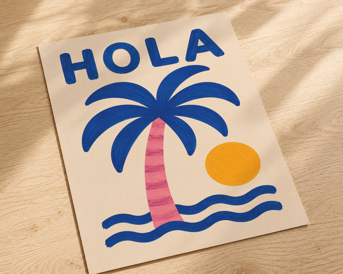 Hola Palm Tree Art Print | Colourful Hand-Painted Coastal Wall Art | Framed or Unframed