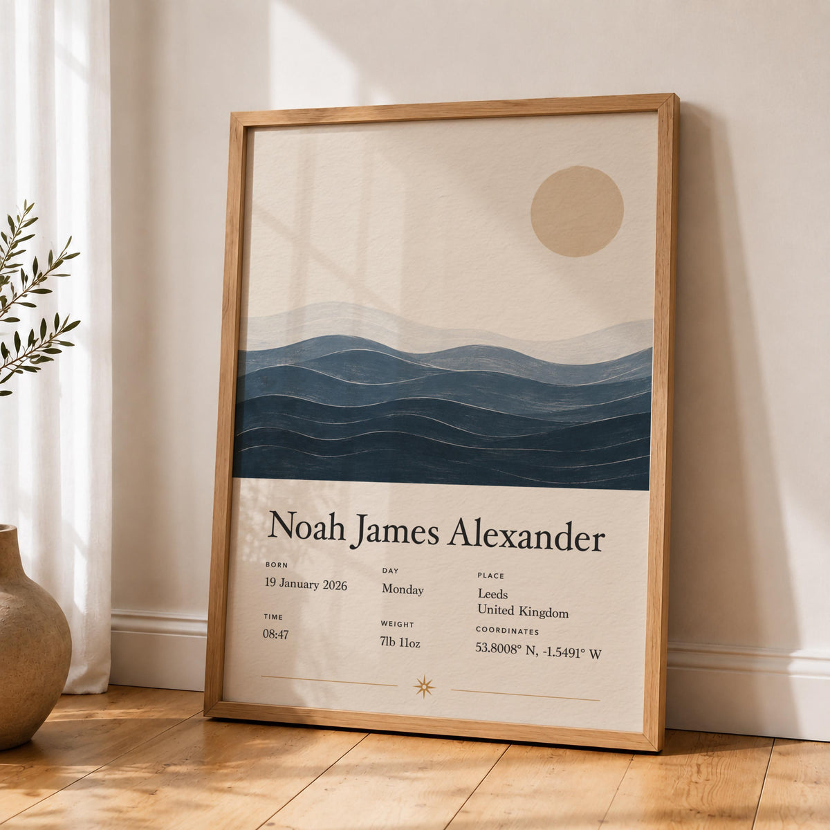 Personalised Birth Story Print | Ocean Waves Seascape Nursery Wall Art | Framed or Unframed