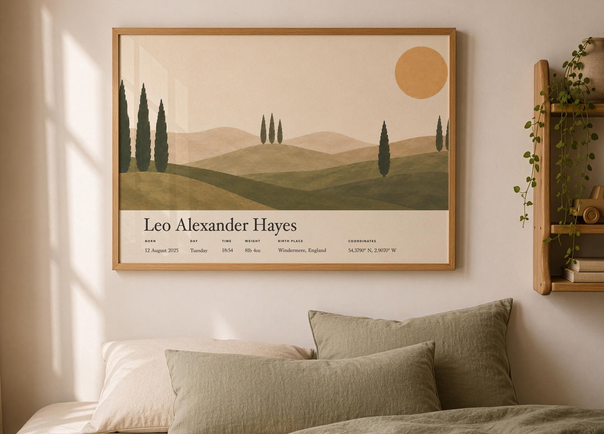 Personalised Birth Story Landscape Print | Mediterranean Nursery Wall Art | Framed or Unframed