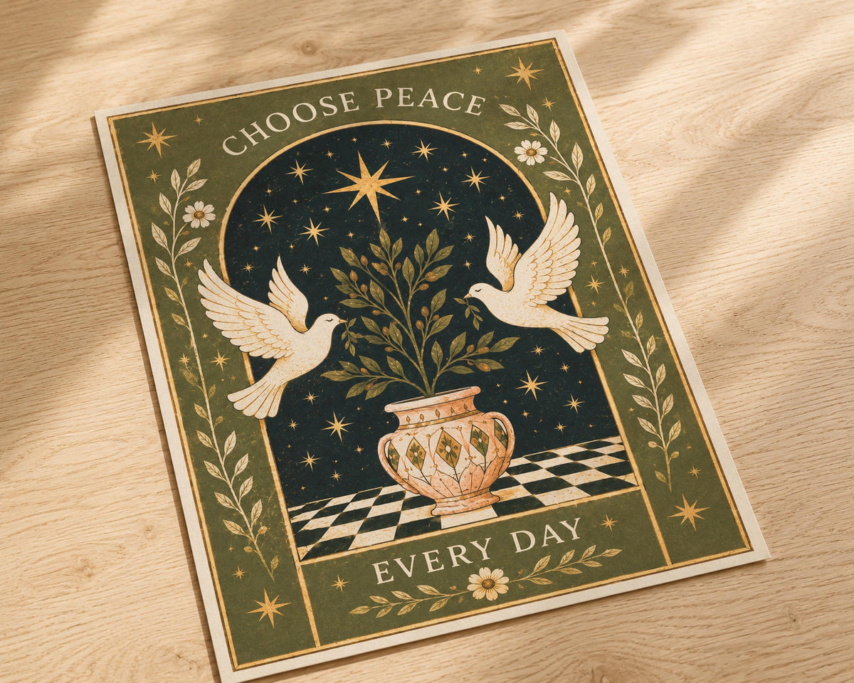 Choose Peace Print | Inspirational Celestial Wall Art, Folk Dove Illustration, Framed or Unframed