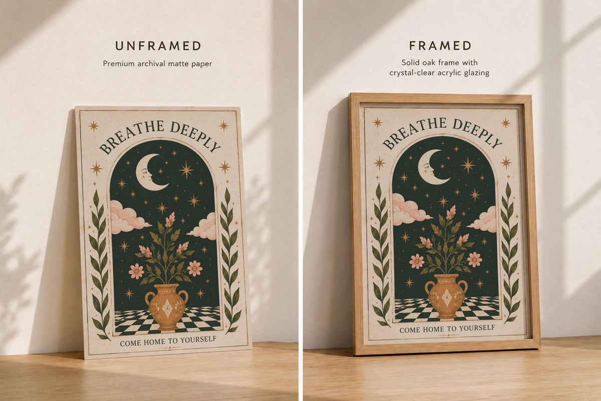 Breathe Deeply Print | Celestial Folk Art, Inspirational Moon Wall Art, Framed or Unframed