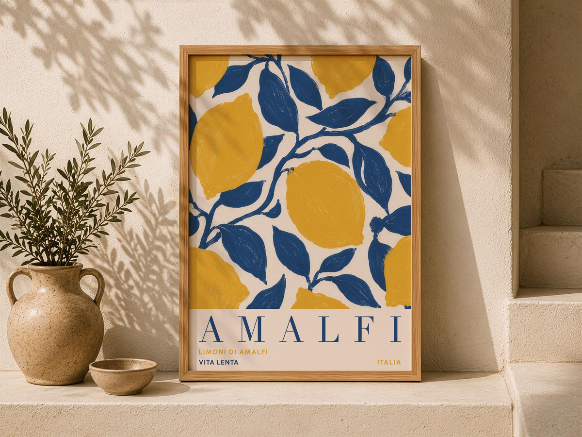 Amalfi Coast Lemon Print | Hand-Painted Italian Travel Poster Wall Art | Framed or Unframed