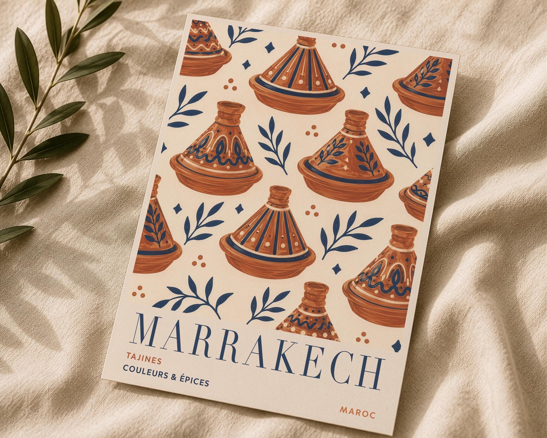 Marrakech Print | Hand-Painted Tagine Travel Poster, Moroccan Boho Kitchen Art | Framed or Unframed