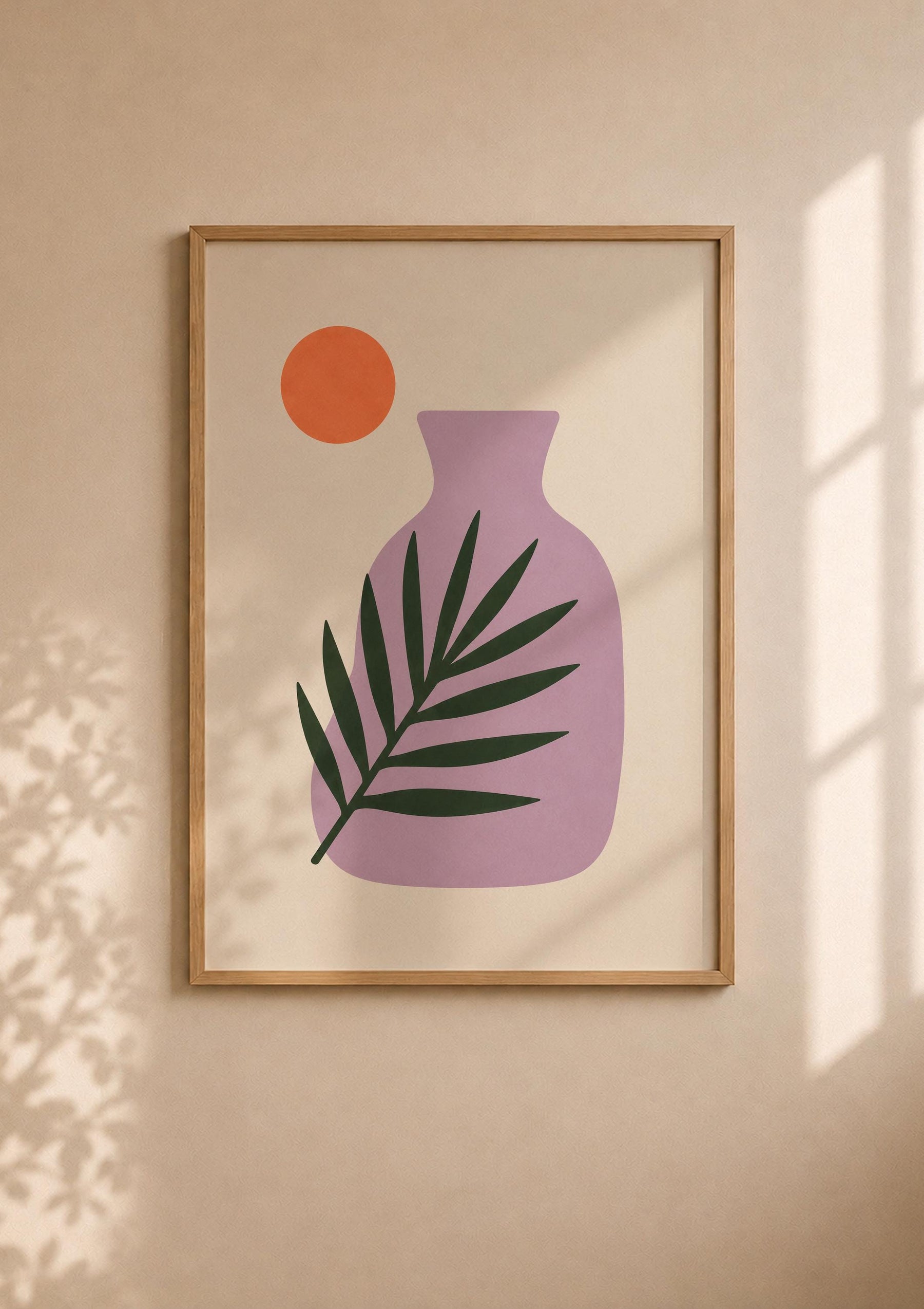 Sunset Palm Leaf Print | Purple Vase Botanical Art, Mediterranean Modern Decor | Framed or Unframed