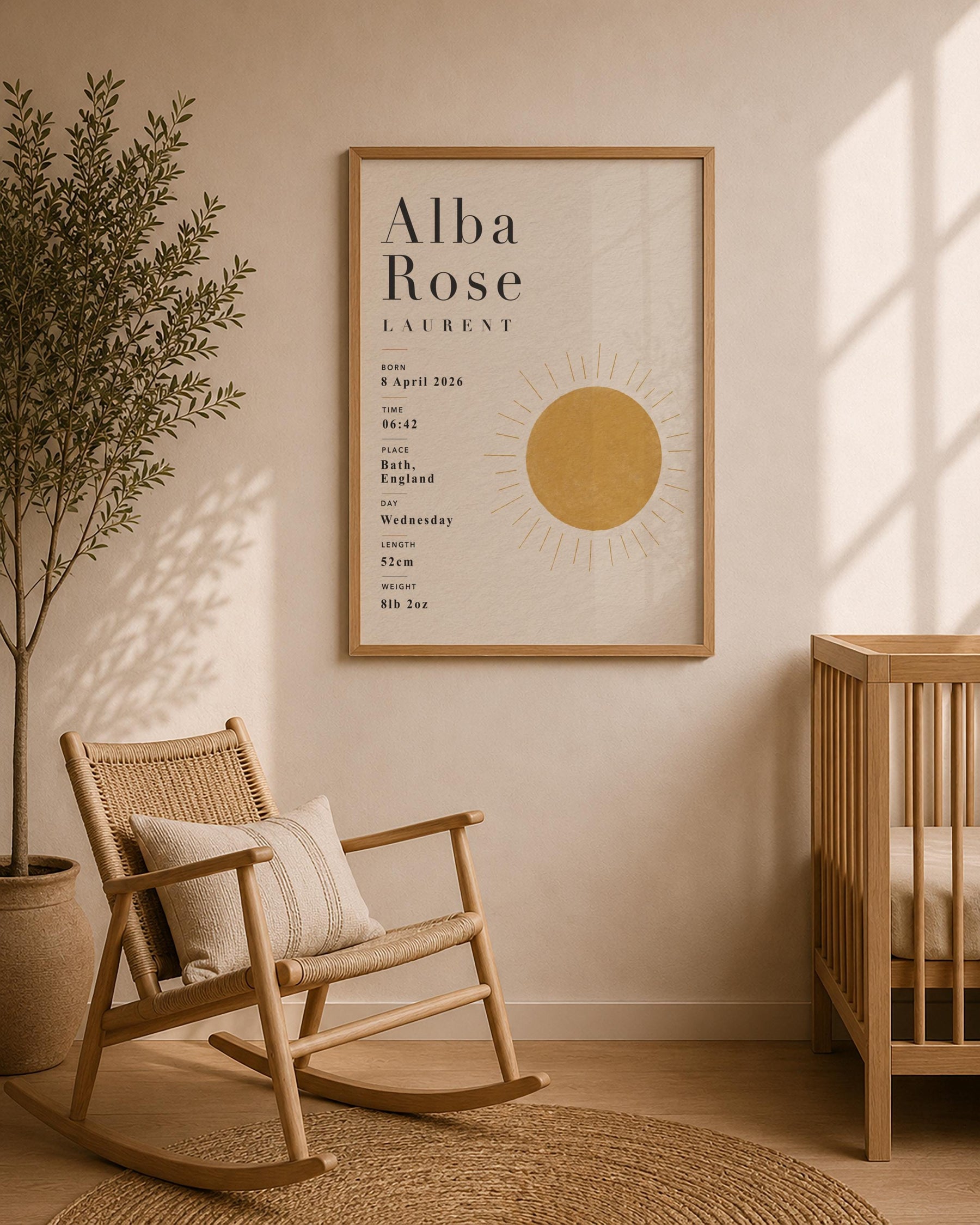 Personalised Sun Birth Record Print | Yellow Nursery Wall Art | Framed or Unframed